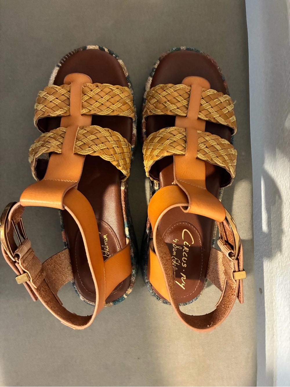 Circus by Sam Edelman Tan and Mustard Woven Platform Sandals with Ankle Buckle - Picture 3 of 7
